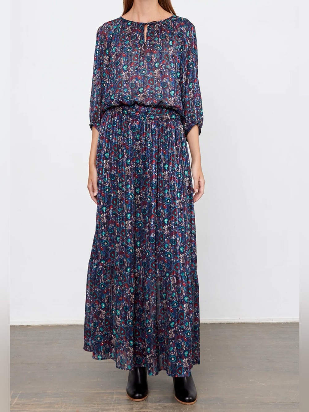 Gerard Darel Metallic-Paisley Maxi Dress size 4 boho chic summer sheer